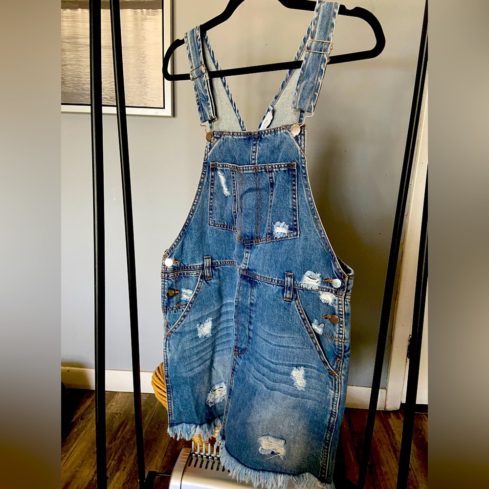Frayed Hem Overall Jean Dress